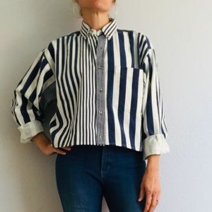 Striped Twill Button Down Shirt Jacket